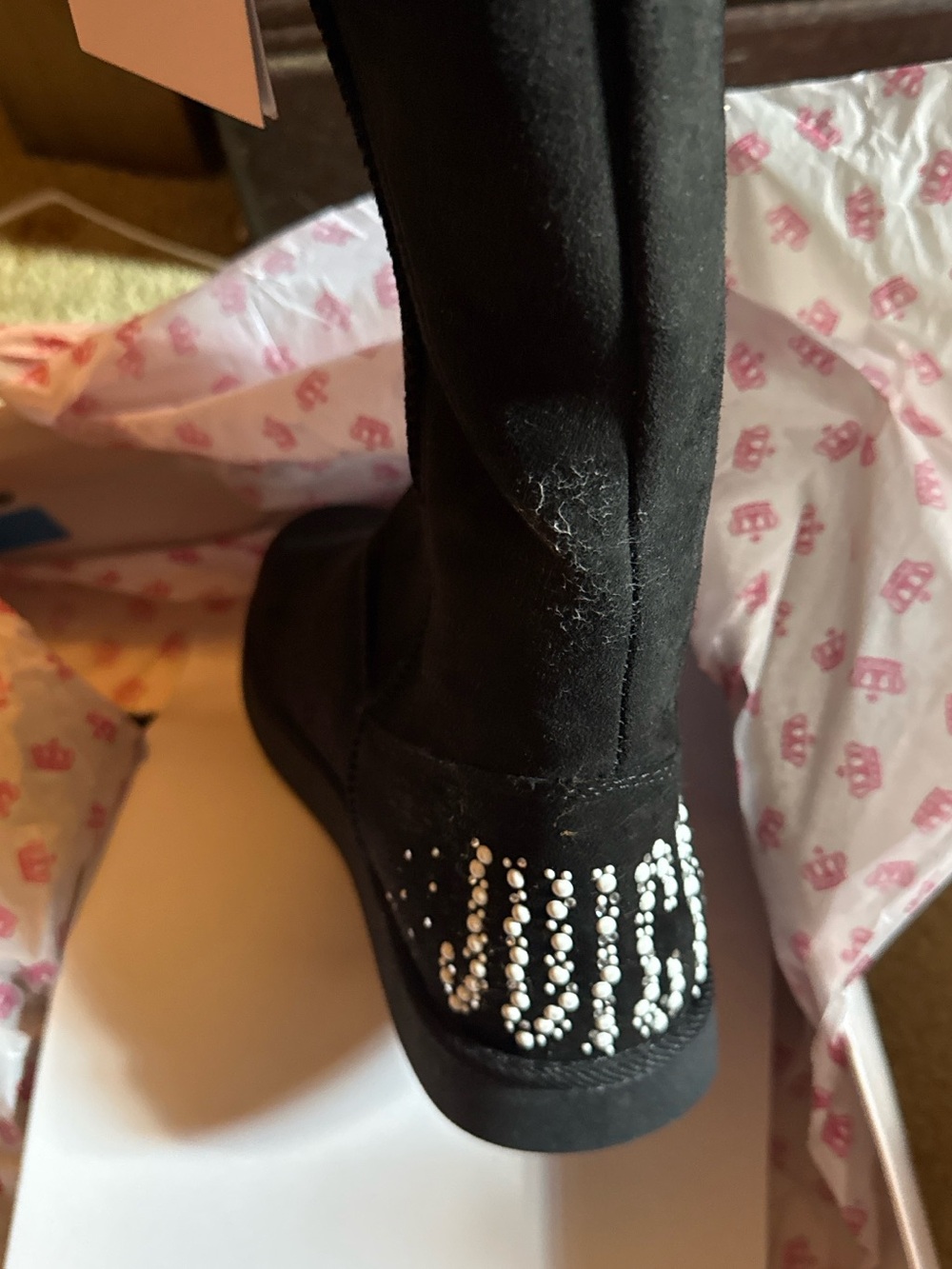 Juicy Couture Black Knee-High Boots with Crystal Heel Detail
